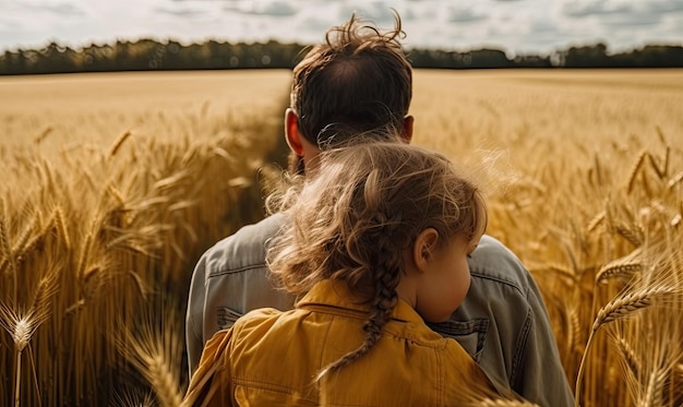 Uma criança e um pai viajando por um campo de trigo. O conceito de uma família feliz e a infância gerativa da IA