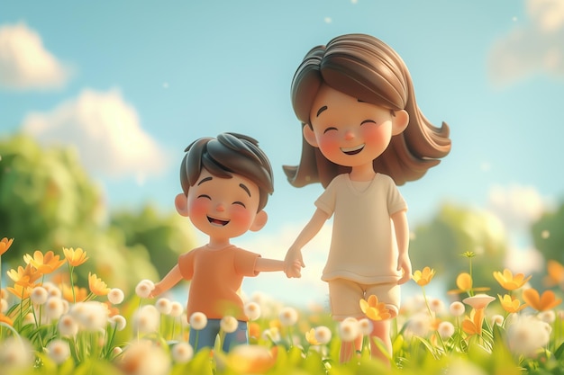 uma criança e uma mulher de mãos dadas em um campo de flores