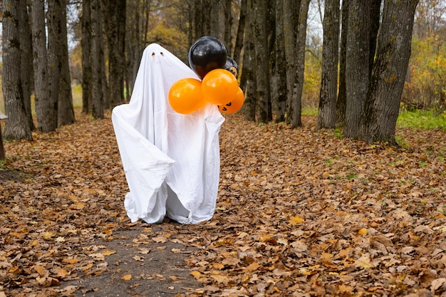 Uma criança em lençóis com recorte para os olhos como uma fantasia de fantasma em uma floresta de outono assusta e aterroriza Um fantasma engraçado e gentil Festa de Halloween