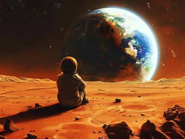 Uma criança em Marte desenha o amanhecer da Terra sonhando com o planeta azul sua imaginação pontilhando milhões de quilômetros