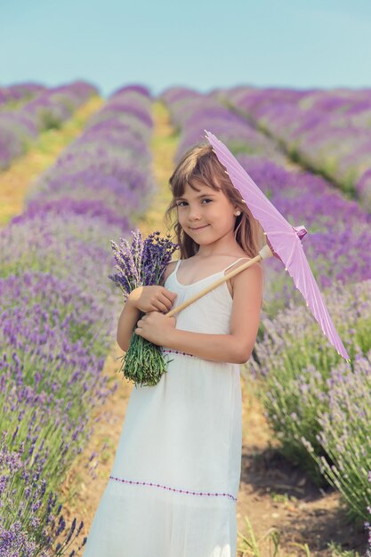 Uma criança em um campo de floração de lavanda.