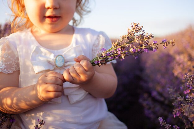 Uma criança em um campo de lavanda