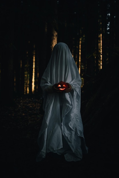 Uma criança em um lençol branco com uma abóbora Jack nas mãos retrata um fantasma