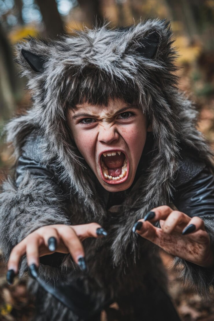Foto uma criança em um traje de lobo rosnando ferozmente em um cenário florestal