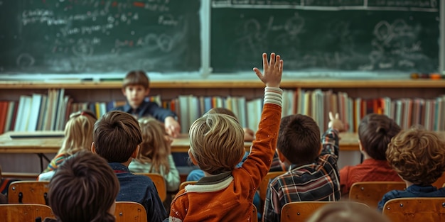 Uma criança em uma classe escolar levanta a mão para perguntar ao professor A cena vista por trás