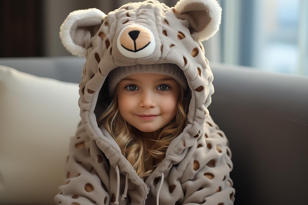 uma criança em uma roupa de boneca de urso em fundo branco da sala de estar