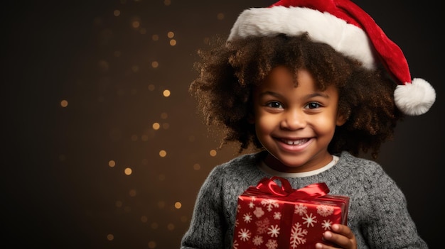 Uma criança em uma roupa festiva segurando um presente