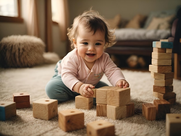 Uma criança encantada brincando alegremente com uma pilha de blocos
