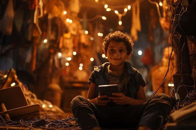 Uma criança encantada por um vídeo de smartphone com os olhos arregalados com ideias conceituais para uma sessão de fotos de Curi Slum Kid