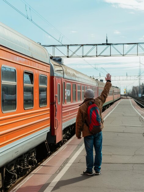 Uma criança envolta em roupas de inverno estende a mão para acenar para um trem laranja em partida em um dia claro
