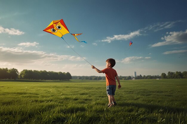 uma criança está brincando com uma cometa em um campo