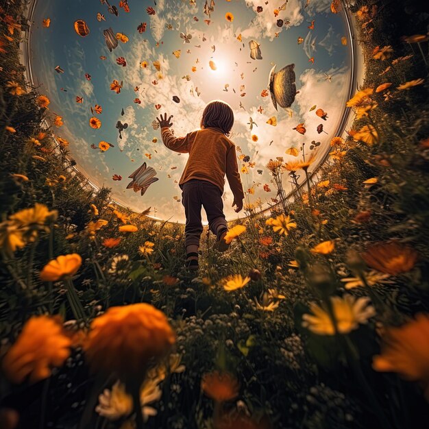uma criança está de pé em um círculo de flores e o sol está brilhando através da lente de um círculo