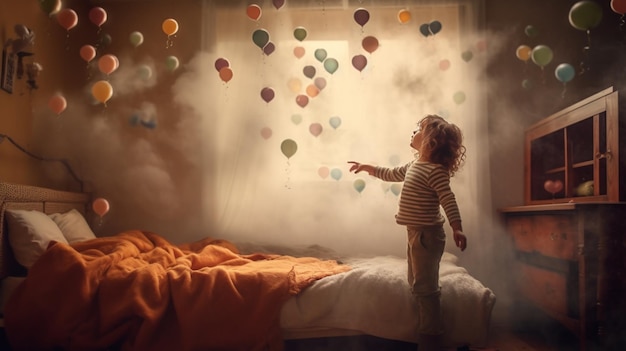 Uma criança está de pé em uma cama com um balão no ar.