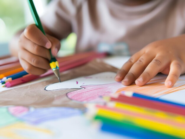 Uma criança está desenhando uma imagem de flores com um lápis