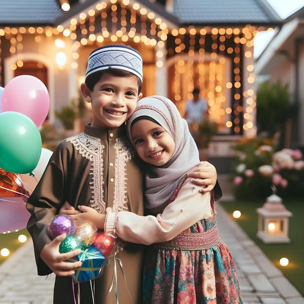 Uma criança está desfrutando da alegria do Eid com outra criança