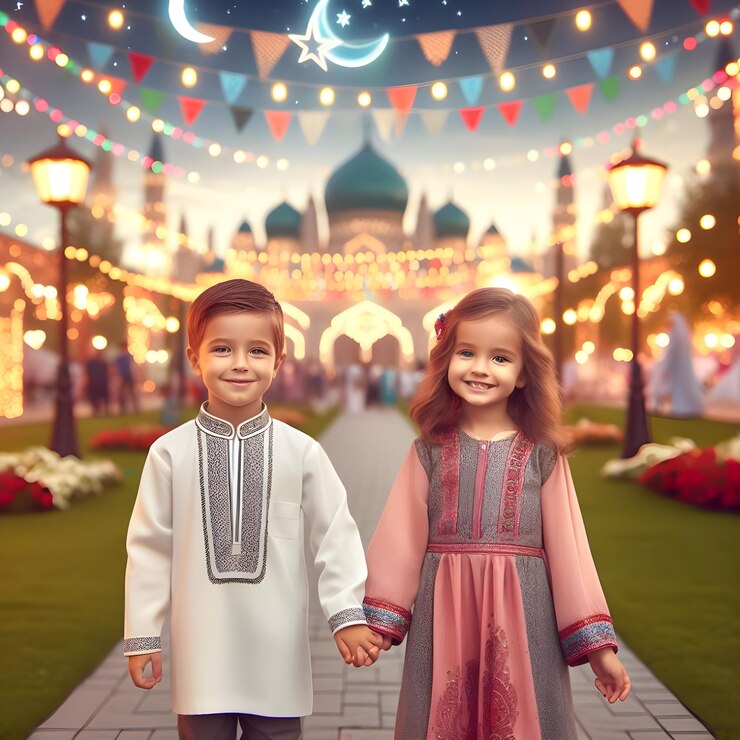 Uma criança está desfrutando da alegria do Eid com outra criança