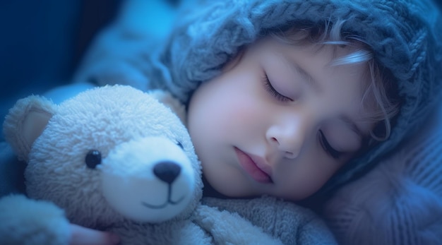 Uma criança está dormindo com um ursinho de pelúcia.