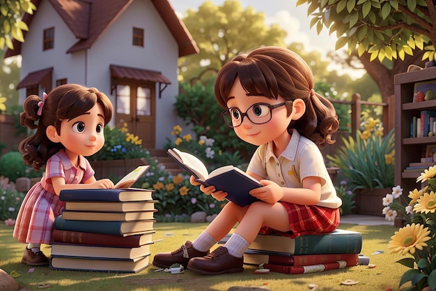 Uma criança está lendo livros em uma pilha de livros na cena do jardim