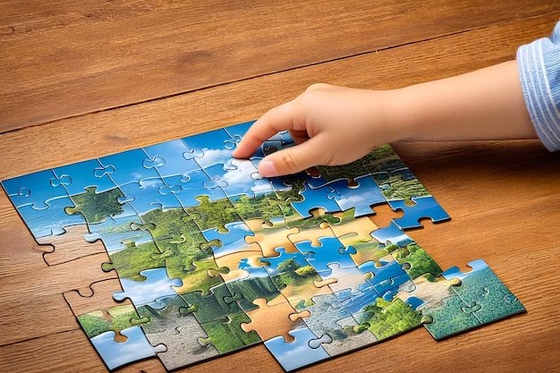 Foto uma criança está resolvendo um jogo de quebra-cabeça que representa o conceito de autismo