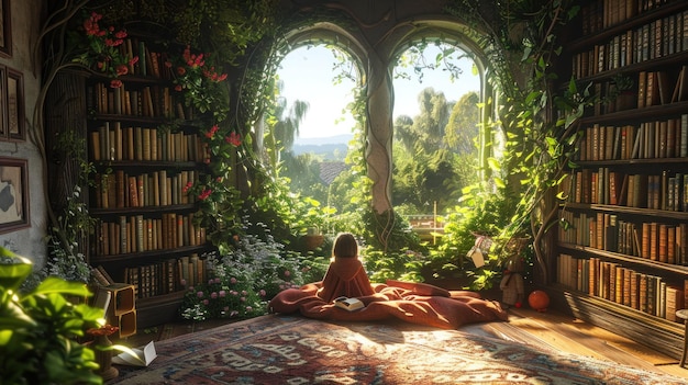 Foto uma criança está sentada em uma sala com vista para uma floresta a sala está cheia de estantes de livros e o chi