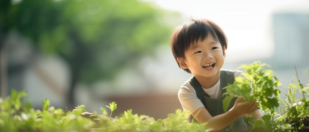 uma criança está sorrindo e sorrindo no jardim