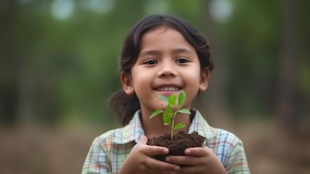 Uma criança está sorrindo enquanto segura uma planta brotando contra um fundo verde da primavera Dia da Terra para o Meio Ambiente Cultivando mudas nas mãos de árvores Ecologia de ideia de IA generativa