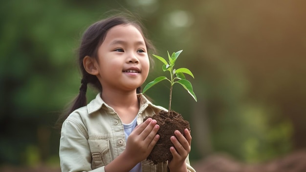 Uma criança está sorrindo enquanto segura uma planta brotando contra um fundo verde da primavera Dia da Terra para o Meio Ambiente Cultivando mudas nas mãos de árvores Ecologia de ideia de IA generativa