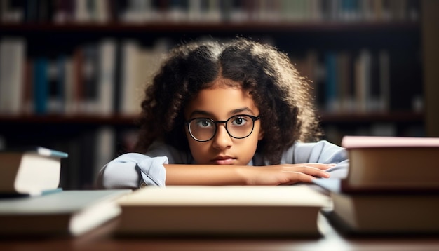 Uma criança estudando literatura em uma biblioteca cheia de livros didáticos gerados por IA