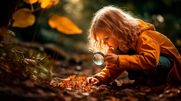 Foto uma criança explora a natureza com uma lupa generative ai kid