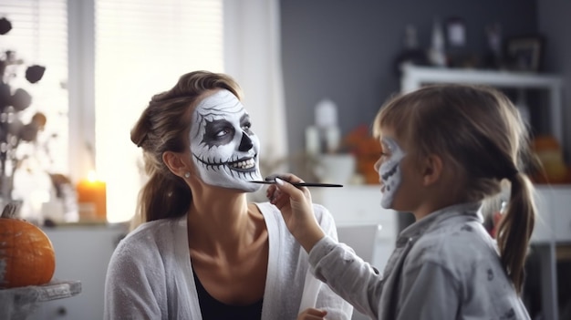 Uma criança fazendo maquiagem de halloween para sua mãe