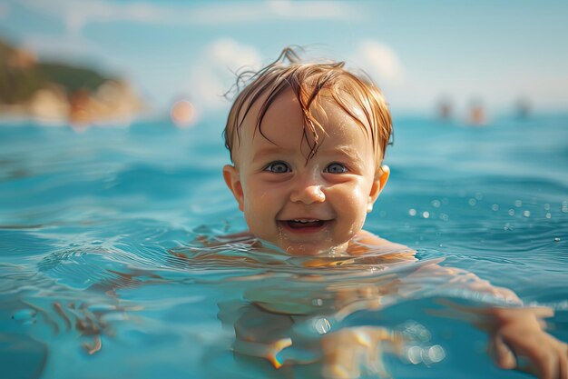 Uma criança feliz a nadar no mar