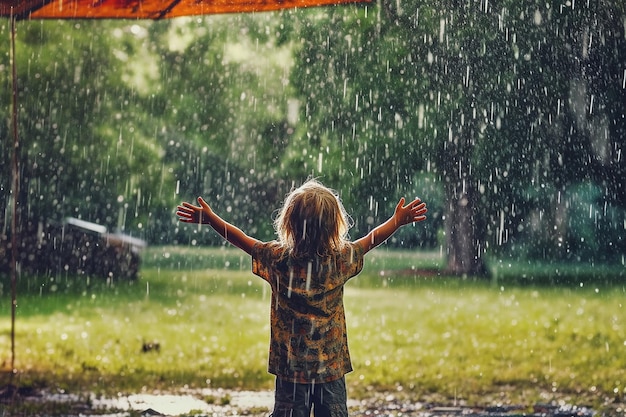 Foto uma criança fica na chuva com os braços estendidos.