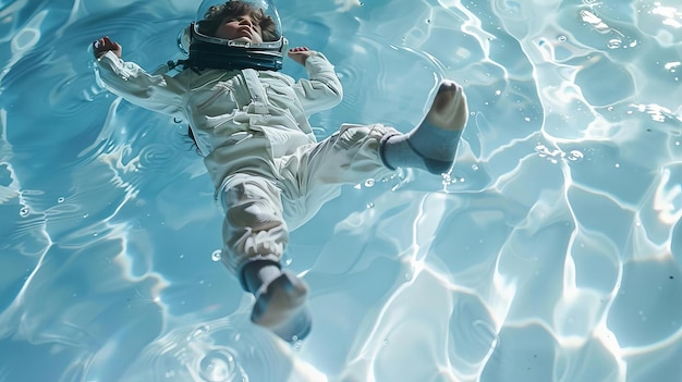 Foto uma criança fingindo ser um astronauta flutuando em gravidade zero com meias em um chão escorregadio