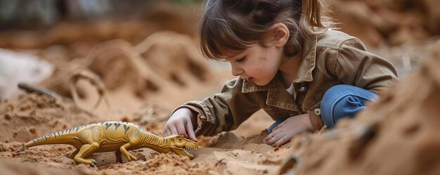 Uma criança fingindo ser uma arqueóloga escavando a caixa de areia e encontrando fósseis de dinossauros de brinquedo