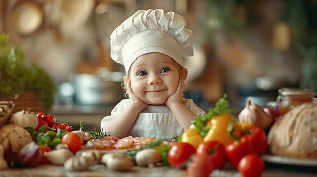 Foto uma criança fofa fantasiada de chef com um grande espaço para texto ia generativa