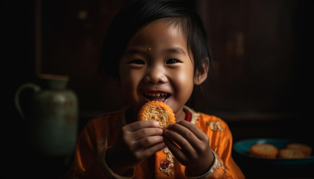 Uma criança fofa sorrindo comendo biscoito caseiro aproveitando a felicidade da infância gerada pela IA