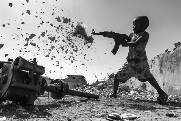Uma criança furiosamente atira uma pedra em uma metralhadora deitada no chão quebrando-a assim impressionante