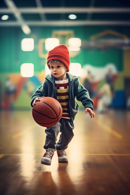 Uma criança jogando basquete