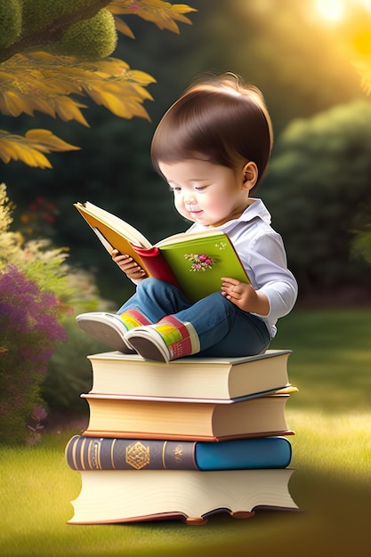 Uma criança lê um livro sobre uma pilha de livros.