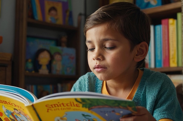 Uma criança lendo um livro ilustrado com fascínio