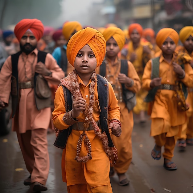 Uma criança lidera um grupo de muitos homens de turbante laranja por uma cidade após seu