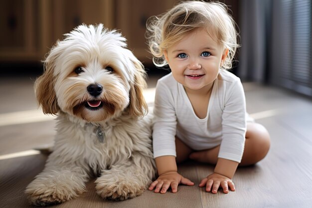 Uma criança loira caucasiana com um cão fofo no chão da sala de estar em casa.