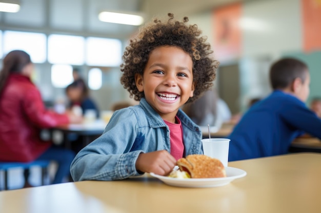 Foto uma criança na cafeteria da escola hora da pausa do almoço peculiaridades do lanche da refeição escolar