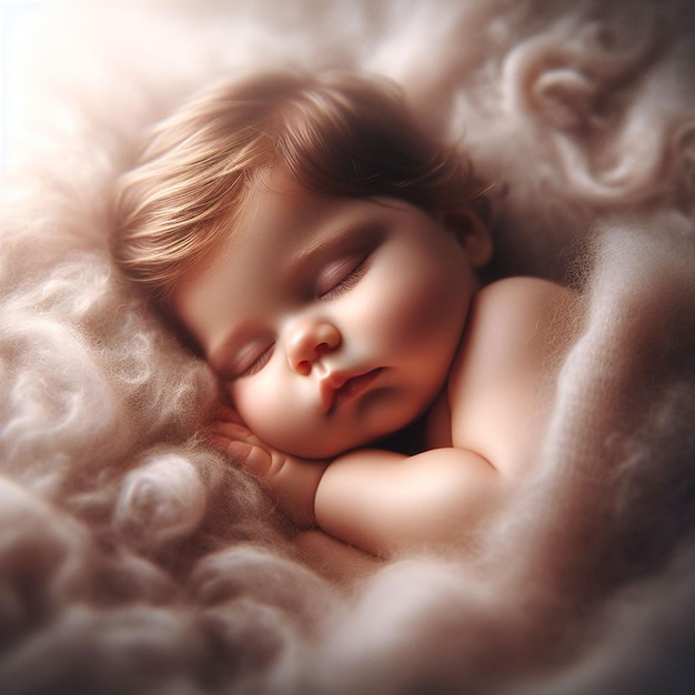 Uma criança nova e bonita dorme com um peluche.