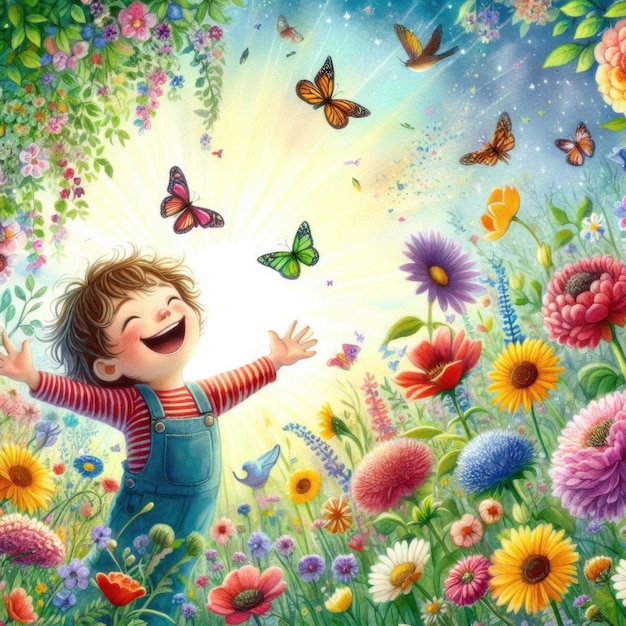 uma criança num jardim com borboletas e borboletas