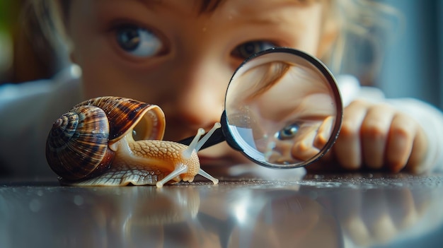 Foto uma criança olha através de uma lupa para um caracol