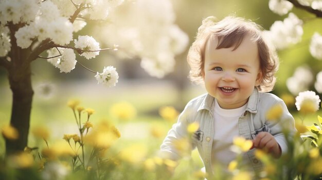 uma criança parada em um campo de flores