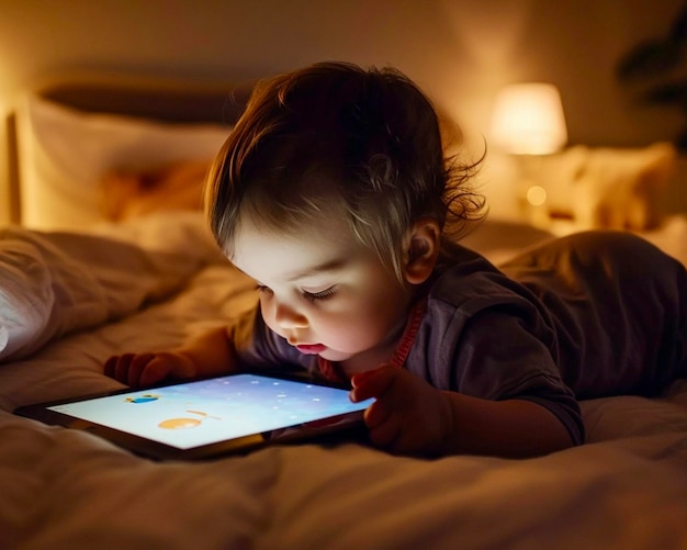 Foto uma criança pequena à noite deita-se na cama de sua mãe e brinca com um tablet antes de ir para a cama