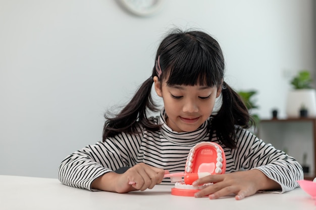 Uma criança pequena brinca com mandíbulas artificiais Odontologia infantil
