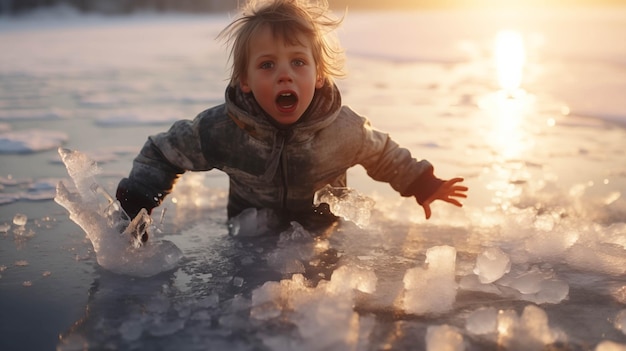 Uma criança pequena caiu através do gelo no lago.